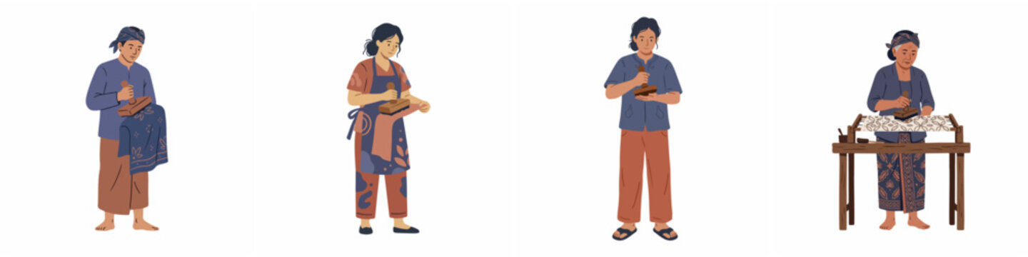 Flat illustration of Indonesian artisans making traditional batik using copper stamps.