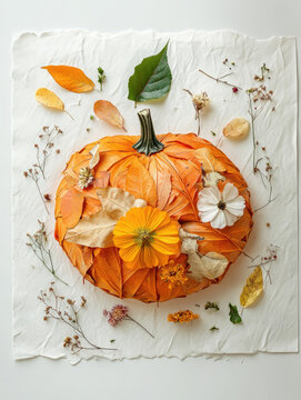 Handmade pumpkin collage made from pressed autumn leaves and dried flowers with warm orange and yellow tones on white paper