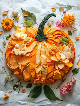 Handmade pumpkin collage made from pressed autumn leaves and dried flowers with warm orange and yellow tones on white paper