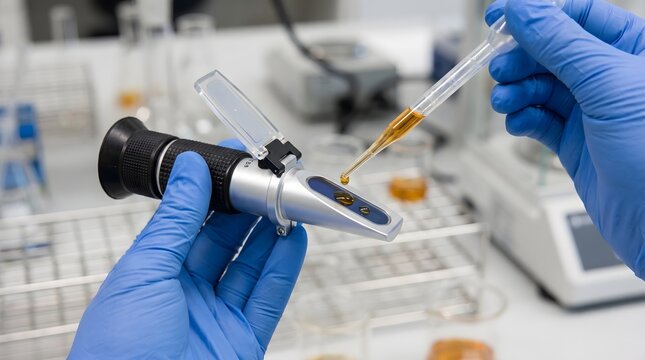 Scientist testing chemical liquid density using optical refractometer.