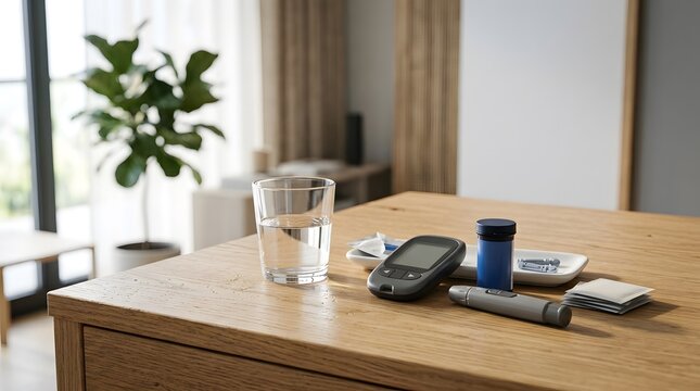 Diabetes testing kit with a blood glucose meter, lancing device, and a glass of water on a wooden table in a bright living room