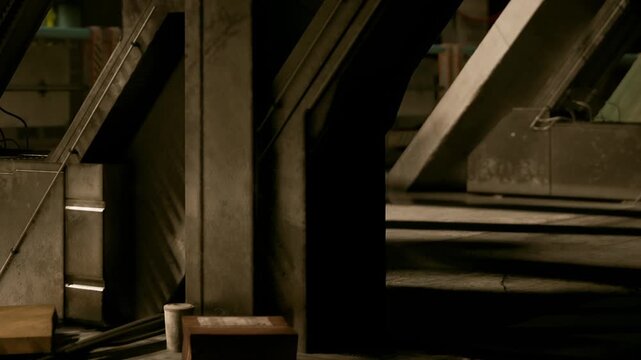 Sunlight shines through an open area in the building. Shadows play on the floor and walls. The structure has a mix of angles and sharp lines. People are absent, creating an empty scene.