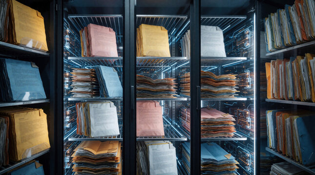 Futuristic digital document management system organizes files in high tech data cabinet. Automated information retrieval uses AI to search through massive database. Modern smart storage solution
