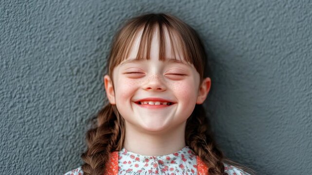 Happy girl with freckles and braids smiling with eyes closed