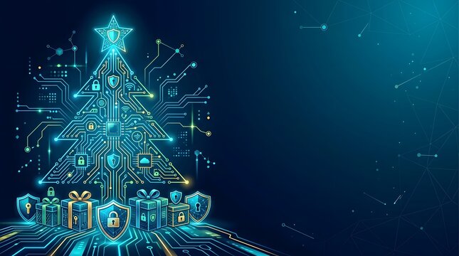 Cybersecurity Christmas Tree with Digital Gifts and Shields on Circuit Board Background.