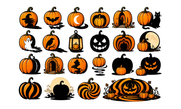 Halloween pumpkin silhouette collection featuring spooky characters, haunted houses, bats and ghost vector designs