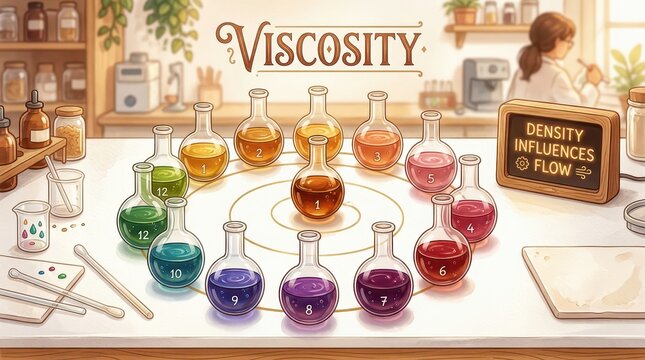 Laboratory experiment on viscosity with colorful liquids in flasks and a scientist in the background