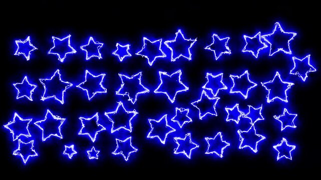 Glowing Blue Neon Electric Stars Overlay Motion Graphic on Black Background - Animated Energy Star Shapes Light Effect