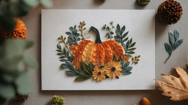 Handmade pumpkin collage made from pressed autumn leaves and dried flowers with warm orange and yellow tones on white paper