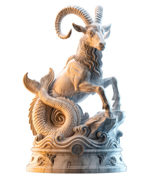 Capricorn zodiac sign: detailed marble sea goat sculpture on an ornate classical pedestal. The mythological figure - horned goat with a fish tail, carved scales, ornament. Zodiac calendar PNG