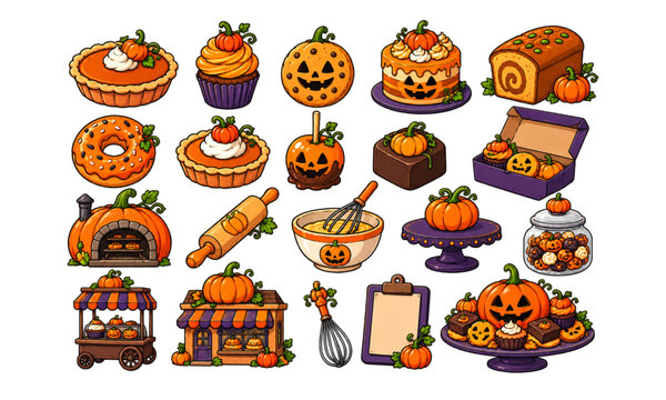 Festive Halloween pumpkin desserts and baking elements collection vector design set