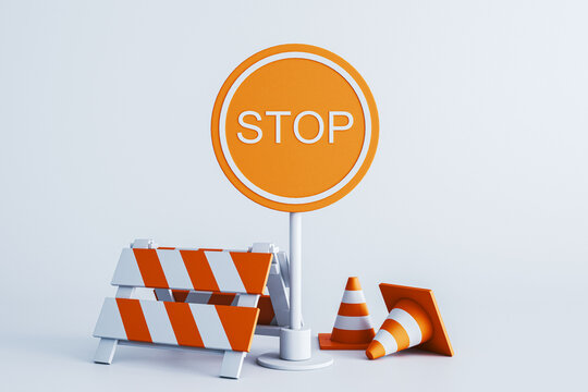Road construction warning sign with barriers and traffic cones isolated on a light white background, safety concept and detour guidance. 3D Rendering