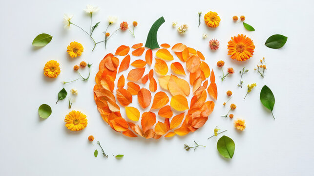 Handmade pumpkin collage made from pressed autumn leaves and dried flowers with warm orange and yellow tones on white paper