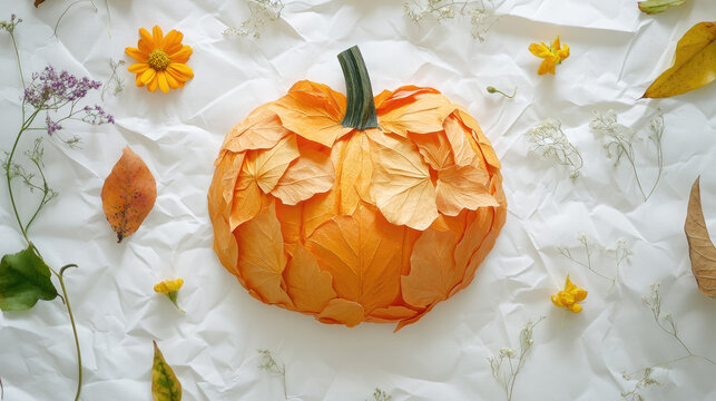 Handmade pumpkin collage made from pressed autumn leaves and dried flowers with warm orange and yellow tones on white paper