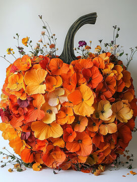 Handmade pumpkin collage made from pressed autumn leaves and dried flowers with warm orange and yellow tones on white paper