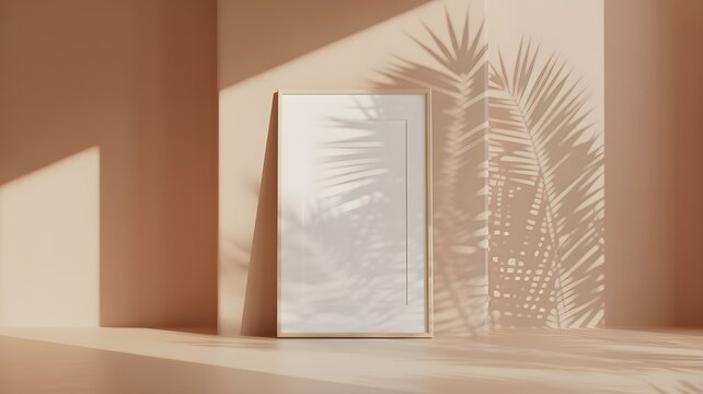 Minimalist poster frame mockup with palm leaf shadows on peach colored wall