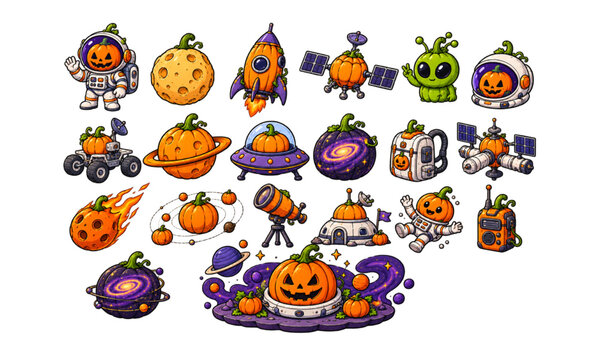 Halloween space pumpkin vector designs featuring astronauts, rockets, planets, satellites and cosmic objects