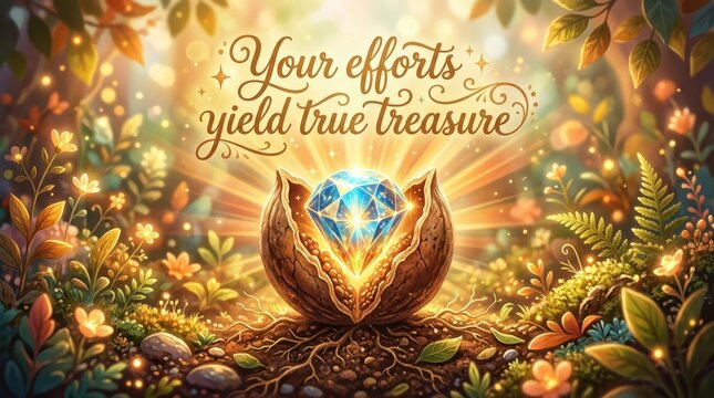 Magical gemstone treasure emerges from a walnut shell in a vibrant, sunlit enchanted forest, symbolizing growth and reward