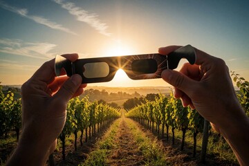Naklejka premium Hands hold solar eclipse glasses in vineyard at sunset. Sun shines brightly through lenses, creating starburst effect. Grapes grow on vines in rural landscape.