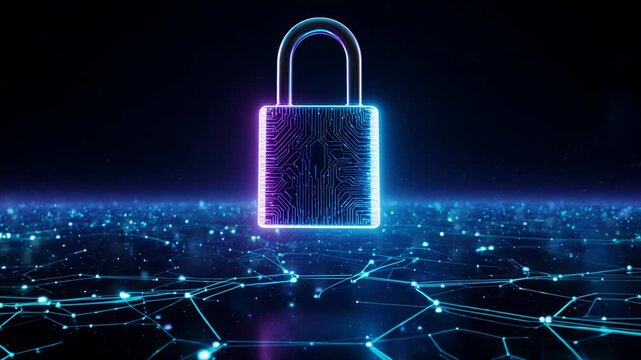 Digital padlock glowing with neon light on abstract network grid symbolizing cybersecurity and data protection