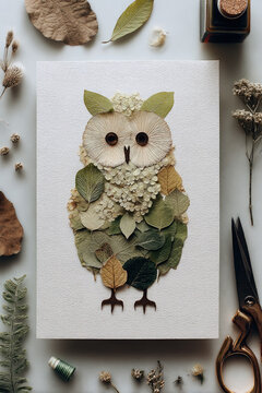 Handmade owl collage artwork made from pressed flowers and dried leaves with craft supplies on white background, flat lay photography