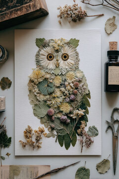 Handmade owl collage artwork made from pressed flowers and dried leaves with craft supplies on white background, flat lay photography