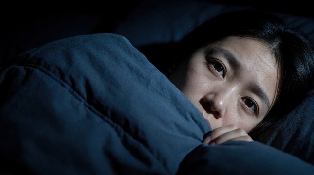 Scared Asian woman lies in bed at night. Young female feels fear, anxiety hiding under blue blanket. Woman experiences nightmare sleep terror in dark bedroom. Mental health struggle with insomnia,