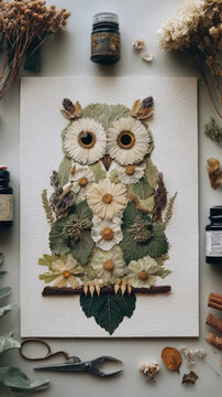 Handmade owl collage artwork made from pressed flowers and dried leaves with craft supplies on white background, flat lay photography