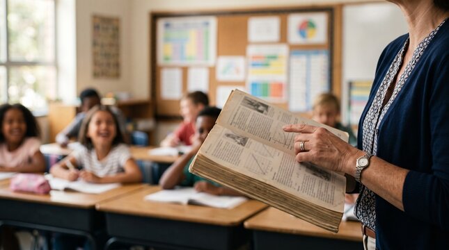 Elementary school teacher engages a diverse group of happy students during a lively classroom lesson, fostering a positive learning environment