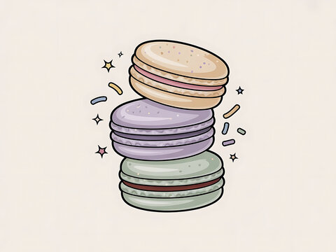 Delicious stack of colorful macarons with vibrant pastel hues and whimsical sparkle effects, ideal for food packaging design and dessert marketing visuals
