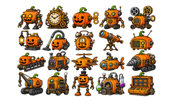 Halloween pumpkin steampunk machines and mechanical inventions vector designs for spooky industrial themes