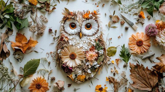 Handmade owl collage artwork made from pressed flowers and dried leaves with craft supplies on white background, flat lay photography