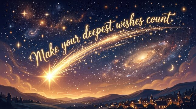 Magical night sky with a shooting star and inspirational quote 'Make your deepest wishes count' over a silhouetted village.