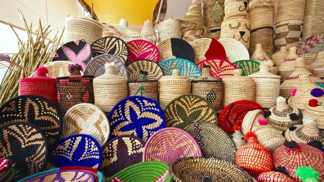 Colorful handmade Moroccan woven baskets displayed at traditional market