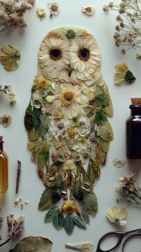 Handmade owl collage artwork made from pressed flowers and dried leaves with craft supplies on white background, flat lay photography