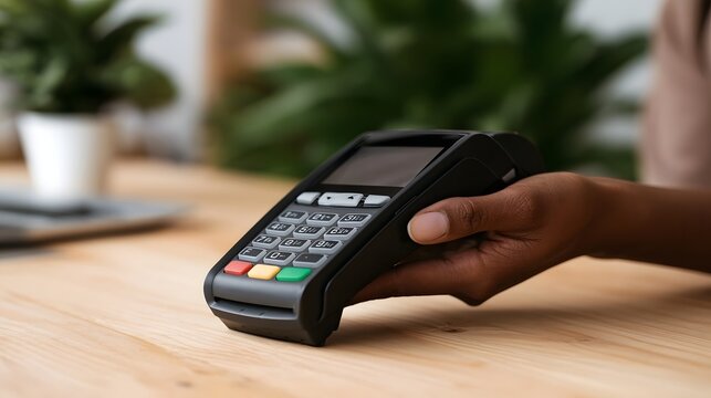 A hand holds a payment terminal on a wooden surface with green plants in the background  showing a modern transaction setup
