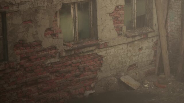 A brick wall shows signs of age with broken windows. The scene appears dusty and dark, suggesting neglect and abandonment. This location hints at a forgotten area.