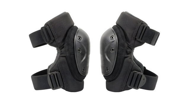 Tactical black knee pads for protection, professional safety gear with hard shell caps, durable sports knee guards on white background
