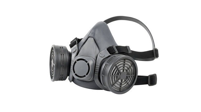 Industrial respirator mask with dual filters, professional gas mask for chemical protection, safety breathing equipment on white background