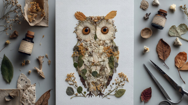 Handmade owl collage artwork made from pressed flowers and dried leaves with craft supplies on white background, flat lay photography