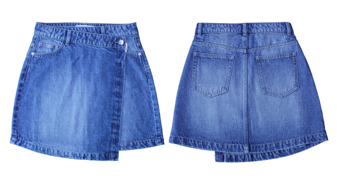 Ladies Denim Jeans Skirt Modern blue denim skirt product display showing front and rear views isolated on a bright white background for retail catalog showcase