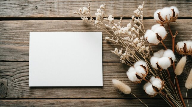 Blank white card lies on rustic wooden background. Dried cotton flowers, small white bouquet create minimalist decor. Top view template for wedding invitation, greeting card stationery design.