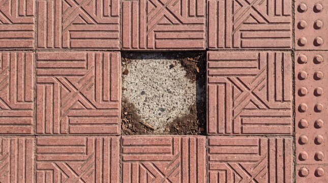 Missing red paver tile creating a square hole in a patterned outdoor concrete sidewalk surface with geometric