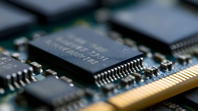 Close up of a black integrated circuit chip mounted on a green printed circuit board with metallic pins and surrounding electronic components