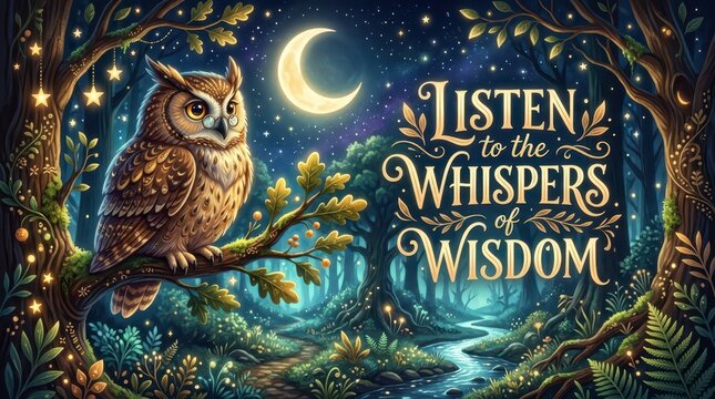 Magical nighttime forest scene with a wise owl perched on a branch under a crescent moon and starry sky, text overlay "Listen to the Whispers of Wisdo