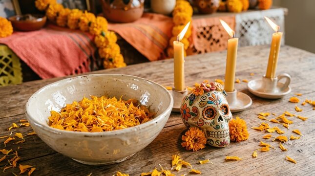 Day of the Dead Altar: A beautifully decorated altar for Dia de los Muertos, featuring a traditional calavera, marigold flowers, candles, and a bowl of offerings.