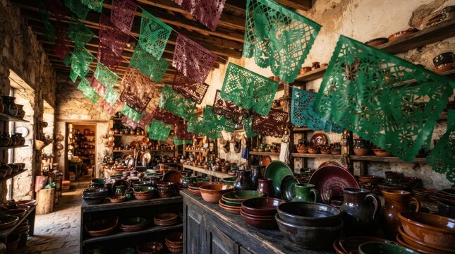 Vibrant Papel Picado Shop: An authentic shop filled with colorful papel picado decorations strung across the ceiling.