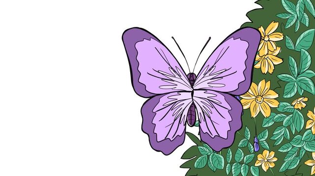 Animated illustration of a beautiful purple butterfly flapping its wings in a garden