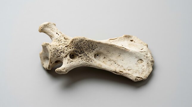 Close up view of an ancient animal bone fragment on a gray background.