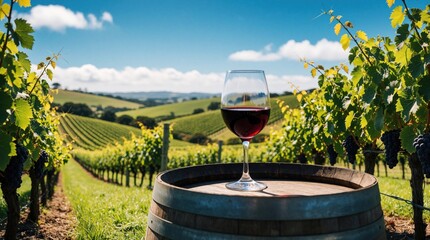 Naklejka premium Red wine glass sits on wooden barrel in vineyard landscape. Lush green grape vines with ripe clusters stretch across rolling hills under blue summer sky.